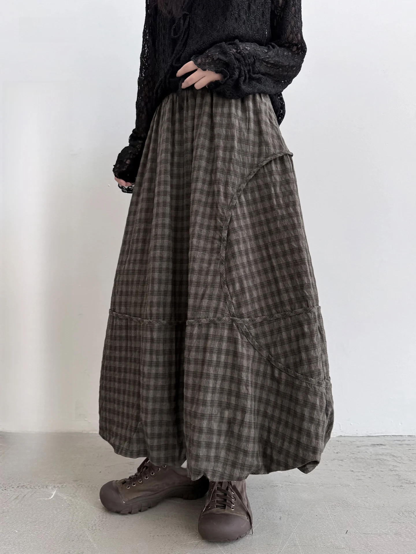 Loose Fit Plaid Half Skirt Commute Floral Bud Texture Women's mid Waist Cotton Bumple Skirt Land And Mountain Island