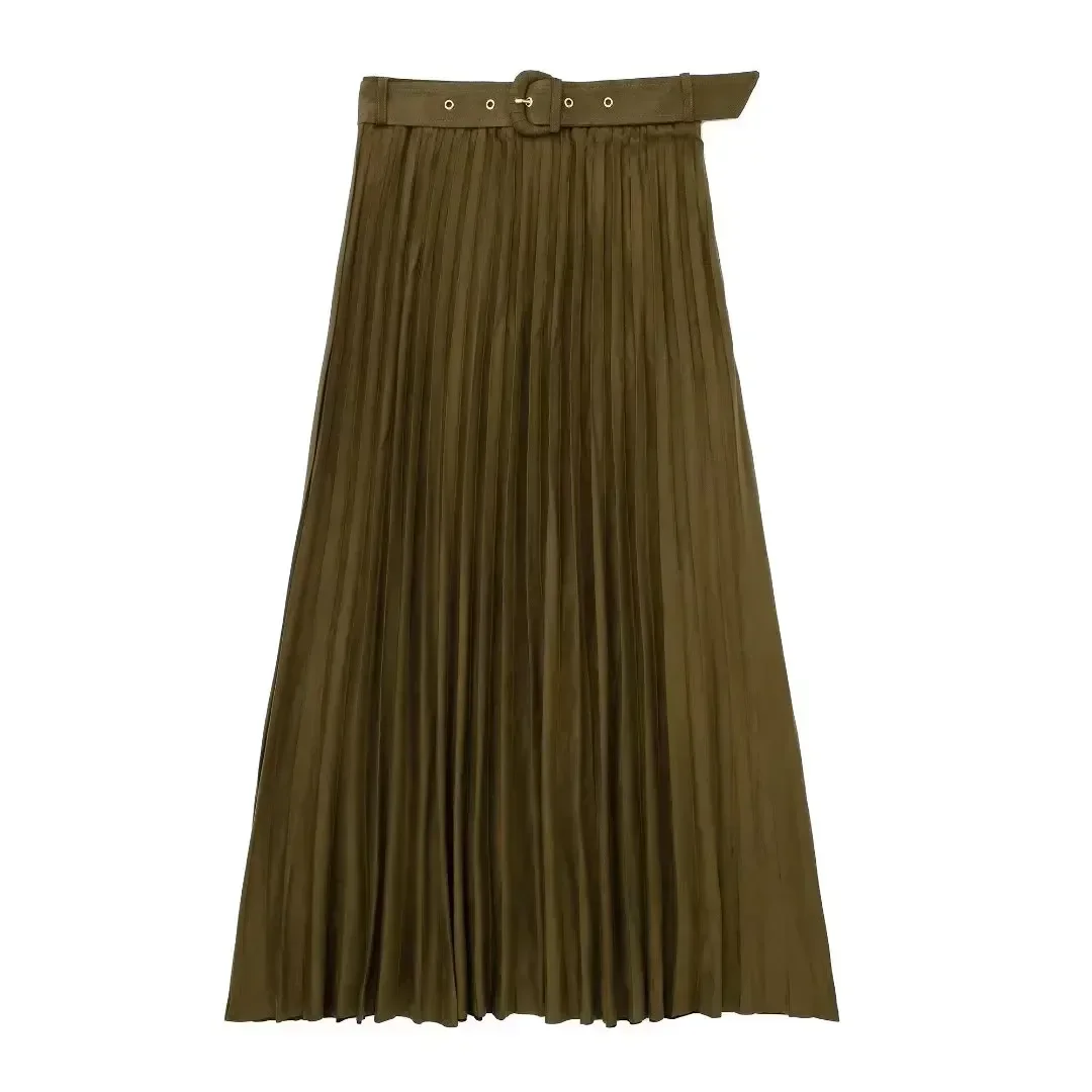 

Women Autumn New Chic Fashion Belt decoration Suede texture effect Pleated Midi Skirt Vintage High Waist Female Skirts Mujer