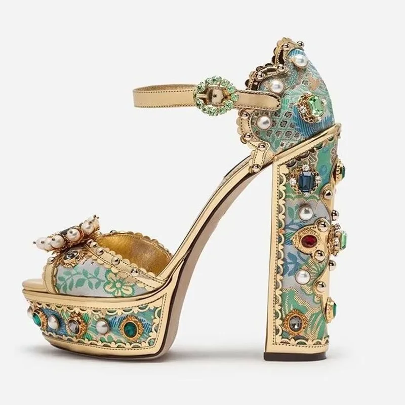 Women Gold Floral Lace Sandals Peep Toe Ankle Strap Crystal Pearl Decoration Wedding Shoes Bride