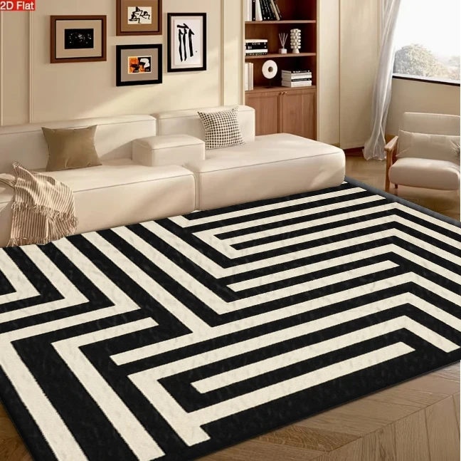 Modern Black and White Geometric Maze Pattern Carpet Flooring for Living Room Sofa Coffee Table Waterproof Easy Clean Durable Floor Mat
