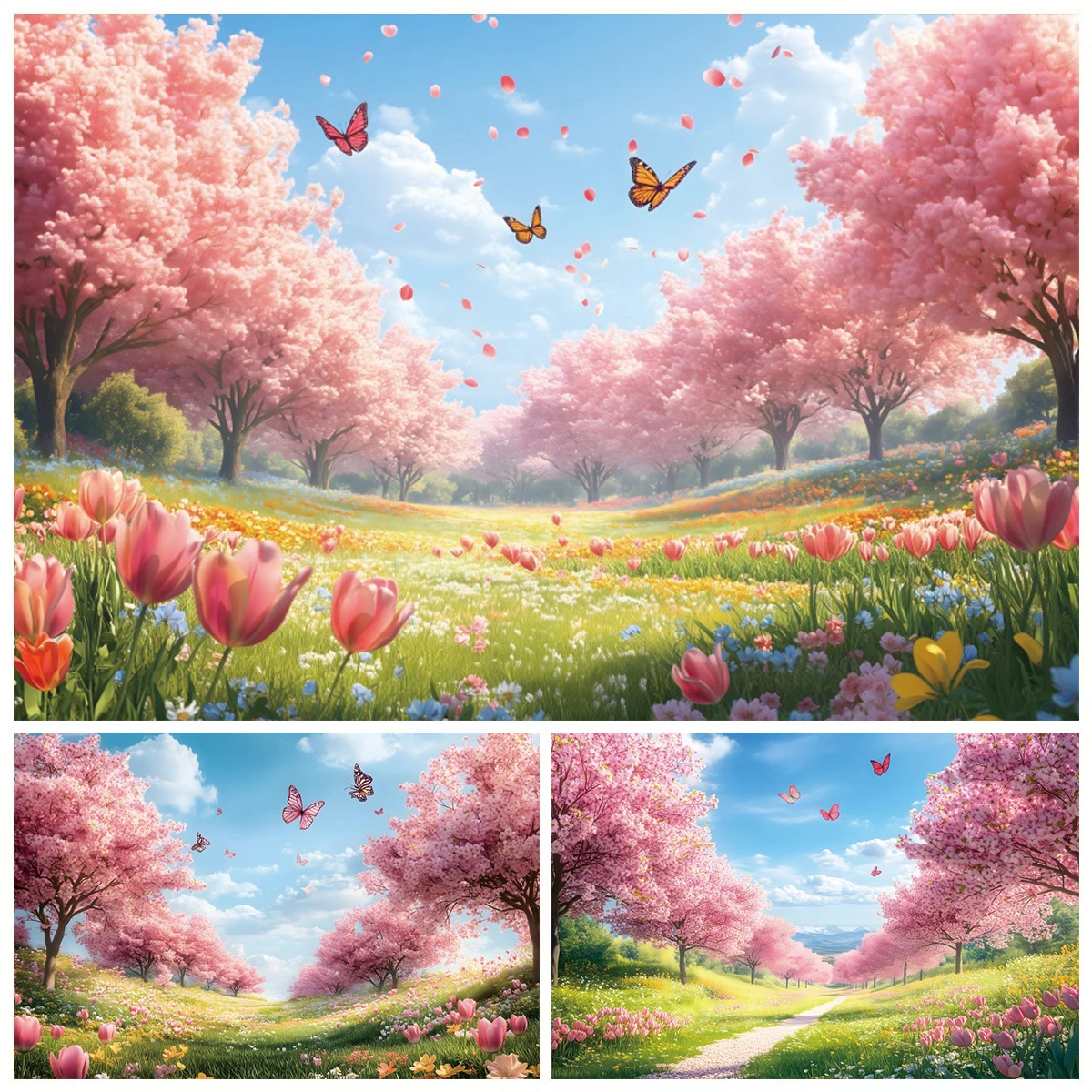 Frühling Kirschblüten Bäume Fotografie Hintergrund Tulpe Schmetterling Blauer Himmel und weiße Wolken Geburtstag Party Foto Hintergrund Dekor