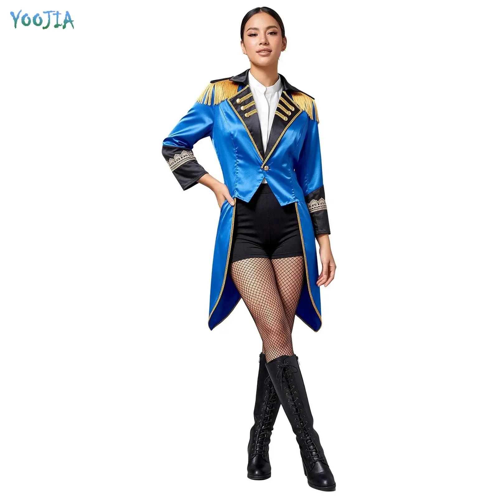 Chaqueta de directora de circo para mujer, disfraz de Halloween, con cuello de solapa, flecos, epauletas, mangas largas, puños de encaje y traje de satén.