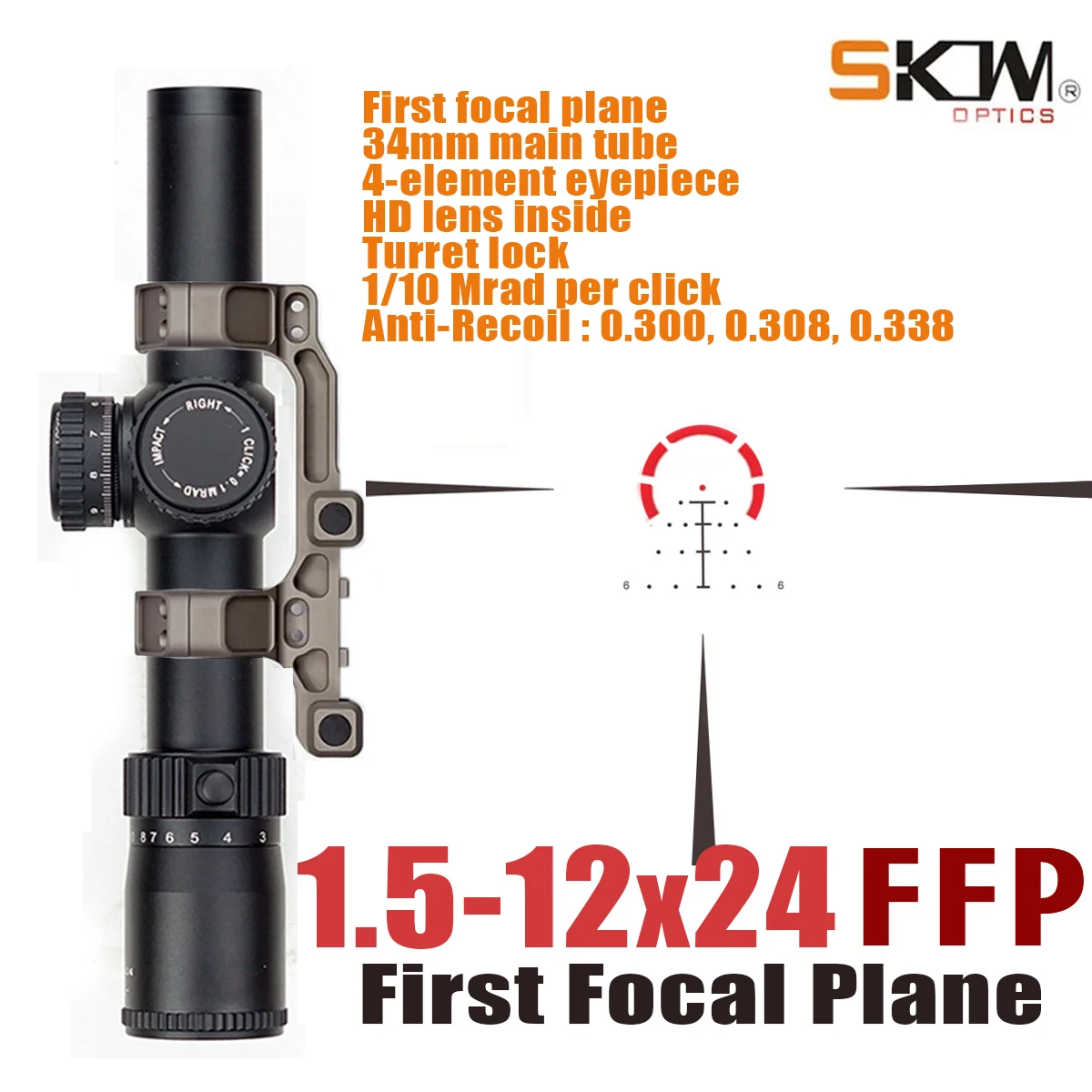 

SKWoptics-Telescope Rifle Scope 1.5-12x24FFP, Riflescope, Hunting Mount CNC,Tactical Reticle 34mm