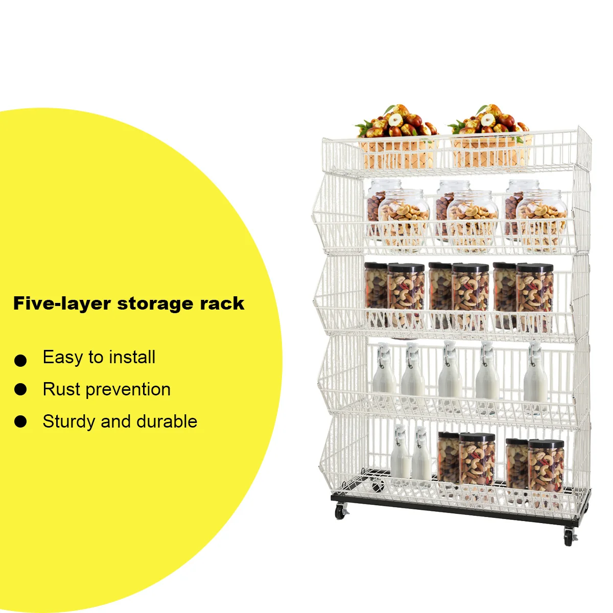Espositore a 5 livelli per negozi, scaffale mobile da pavimento con cestini portaoggetti, scaffale per frutta, scaffale per alimentari, attrezzatura per scaffali, cestini sospesi, scaffali rimovibili