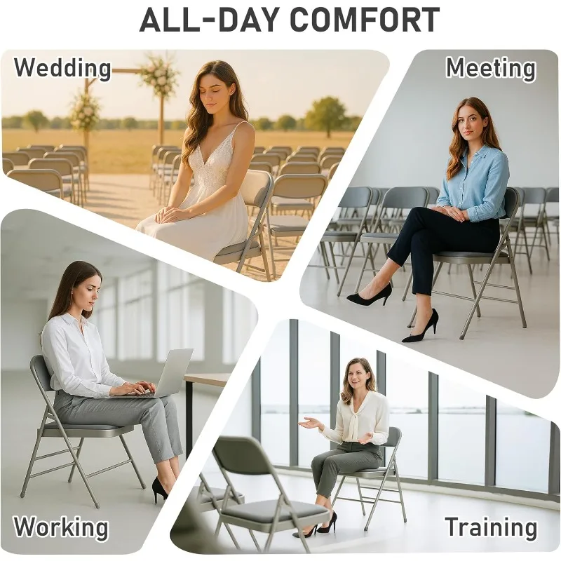 6 Pack Grey Folding Chairs with 3cm Padded Cushion and Back, Metal Folding Chair with Pu Leather, Commercial Foldable Chairs for
