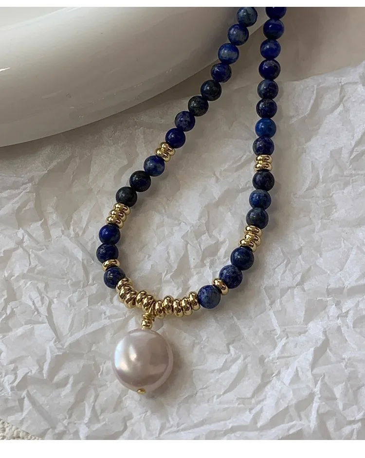 100% Natürliche Barocke Knopf-Süßwasserperlen & Lapislazuli-Perlen, 14K Vergoldete Damen-Anhänger-Halskette, Verblasst Nicht, Geschenk – Detail 7