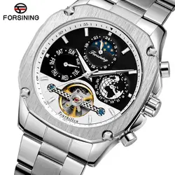 FORSINING Brand Mens Mechanical Watch Super Grand Automatic Self Wind Moonphase Tourbillon Earth Date Stainless Steel Belt Watch