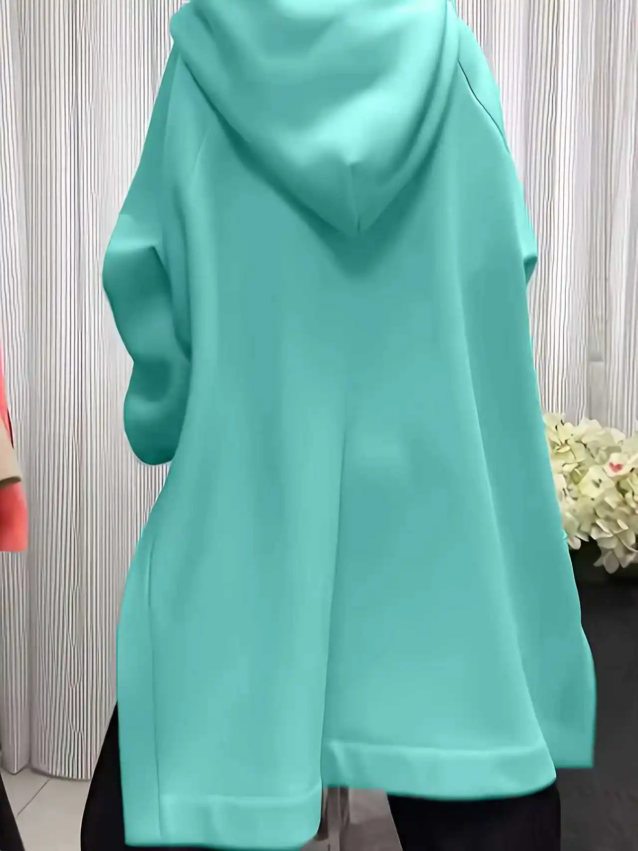 Felpa con cappuccio casual da donna di media lunghezza con spacco laterale tinta unita a maniche lunghe taglie forti