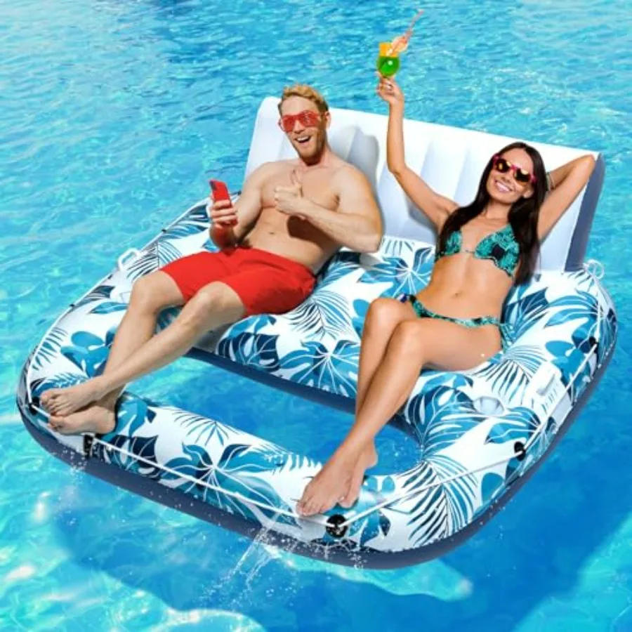 Pool float for adults, 1-3 person inflatable lounger in blue, extra-large tanning recliner with backrest, footrest, cup holder,