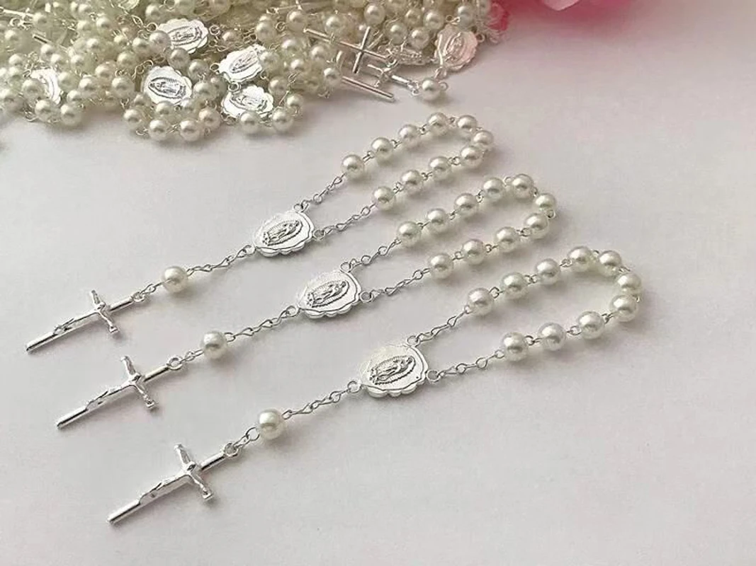 12Pcs Baby 6mm Glass Pearl Rosary Bracelet Eucharist Gift Cross Finger Chain Religion Mini Rosary Wholesale