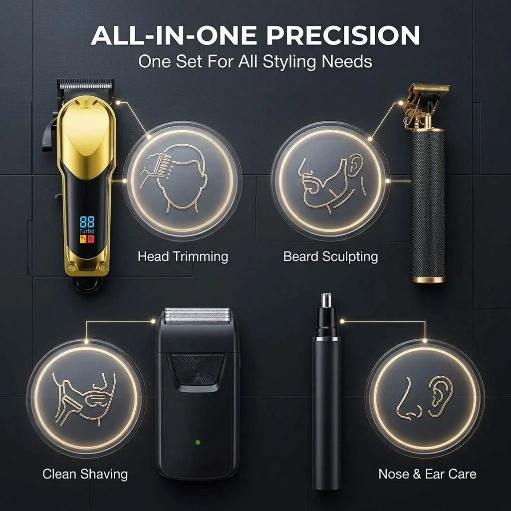 Hair Clipper Set Electric Trimmer for Men Rechargeable Haircut Machine with LCD Display Beard Nose Trimmer Shaver Grooming Kit