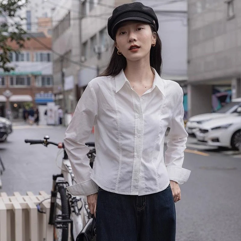 

Vintage Slimming White Shirts Women Summer Turn Down Collar Cropped Shirt Korean All Match Long Sleeve Office Blouse Ladies