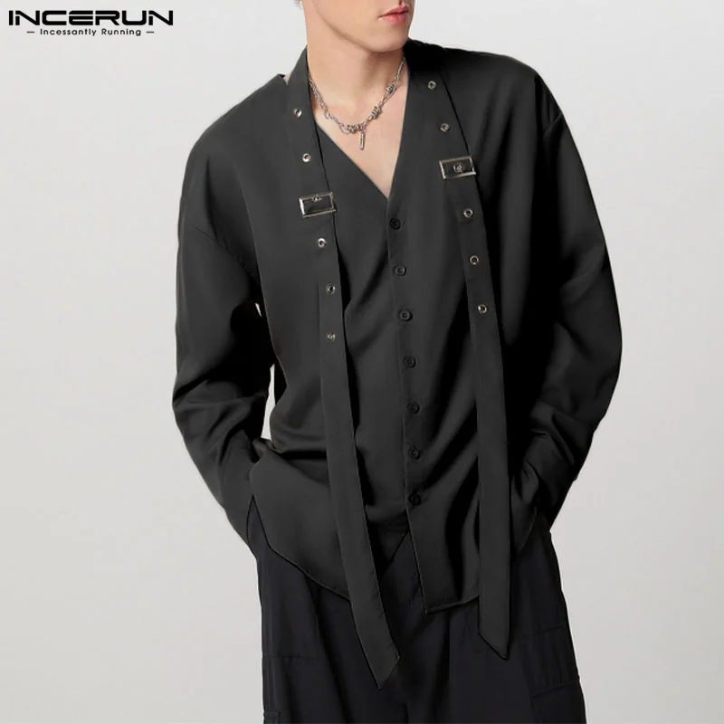 INCERUN Men Casual Shirts 2026 Summer Long Sleeve V-neck Tops Solid Street Fashion Loose Bottun Streamer Blusas Oversize S-5XL
