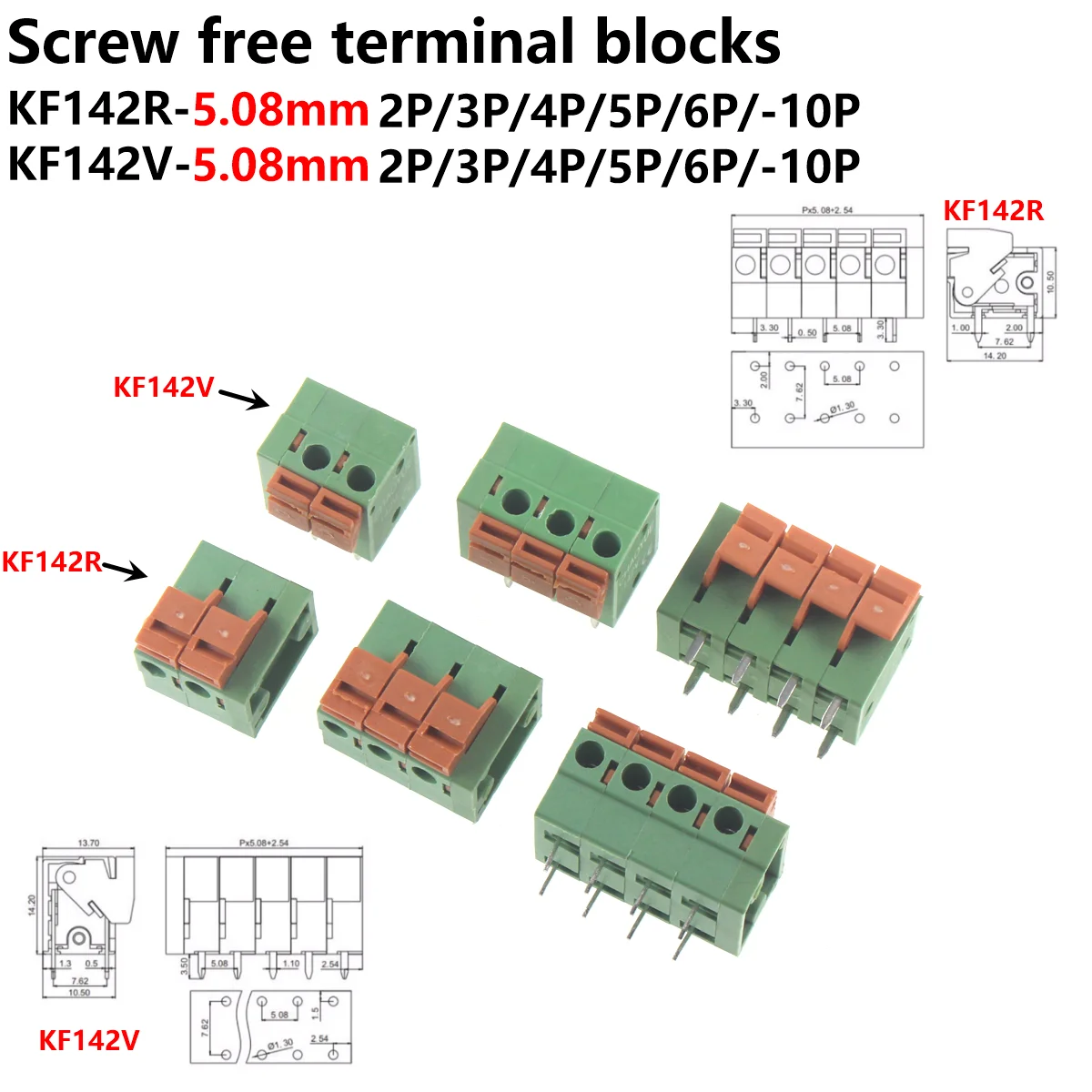 Bloque de terminales de resorte PCB, 10 piezas, KF142V, KF142R, 5,08mm, KF128-5.08, 2P, 3P4P, 5P, 6P, 8P