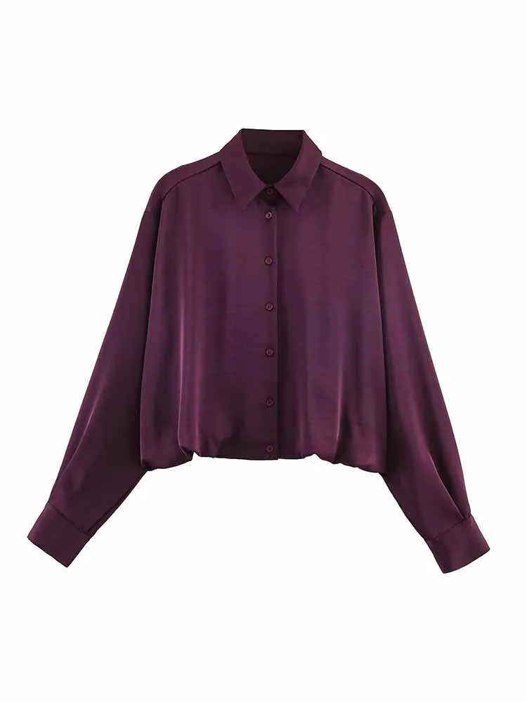 

HH Woman Spring Fashion Long Sleeves Lapel Single Breasted Balloon Version Silk Satin Texture Short Tops Female Casual Shirt