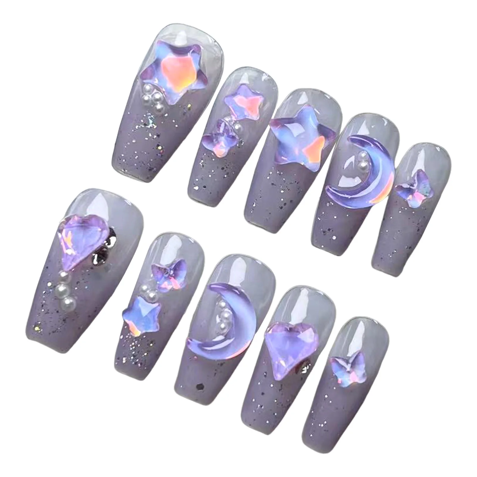 10 Uds. De uñas postizas desmontables con crema de azúcar, uñas postizas brillantes hechas a mano, puntas de uñas postizas moradas brillantes con diseño de luna y estrella 3D