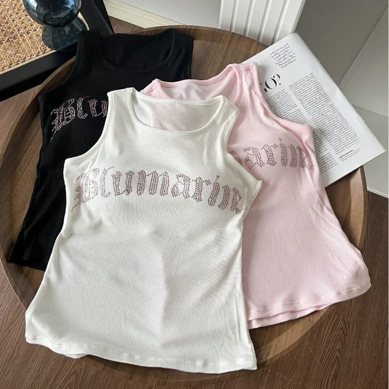 

New Fashion Glitters Diamond Tank Top With Bra Gyaru Girl Kawaii Harajuku Sleeveless Black White Vest Youthful Women Corset Y2k