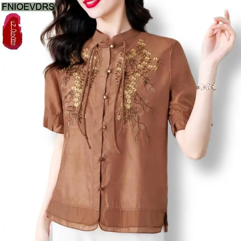 M-4XL-Tops morados con pajarita bordada para mujer, ropa básica de oficina con cuello levantado, camisas Retro Vintage elegantes, 2024