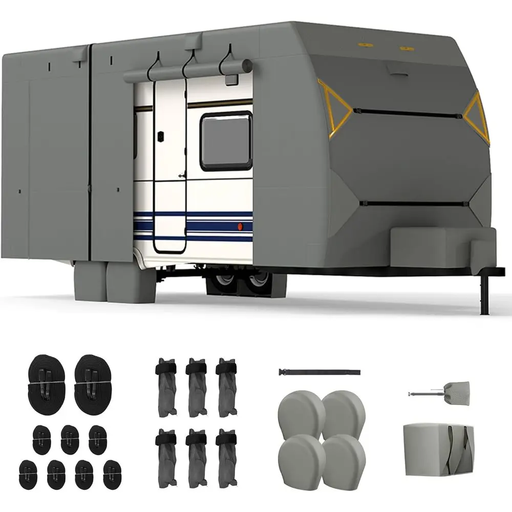 RV Covers for Travel Trailers, 30-33ft Heavy Duty Camper Cover, 7 Layers Extra-Thick Waterproof Toy Hauler Cover with 4 Tire Cov