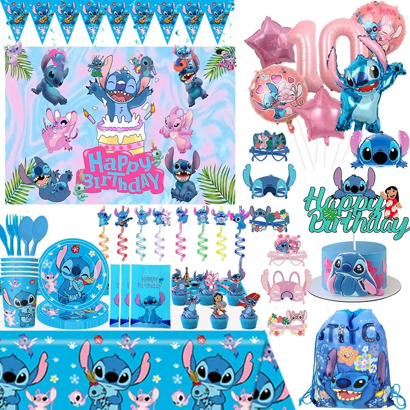 Disney-Decoraciones de Lilo Stitch para fiesta de cumpleaños, vajilla temática de puntada azul para niños, taza, plato, globo angular, suministros