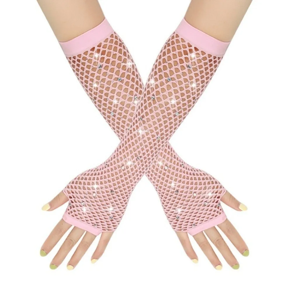 Fashion Elastic Rhinestone Gloves Black White Shiny Fishnet Fingerless Gloves Punk Gothic Style Long Gloves Dance Wear