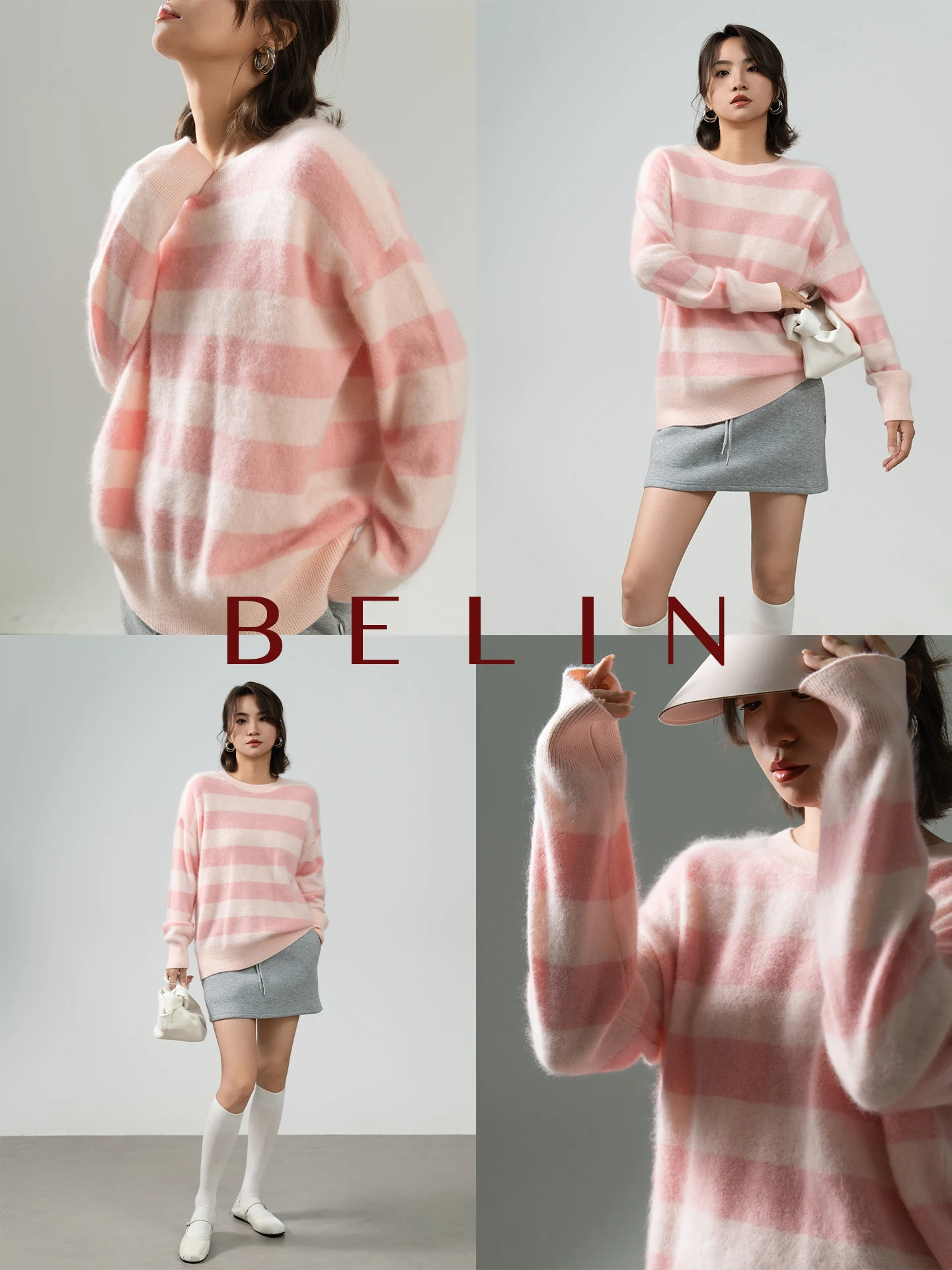

Belin Soft Skin-friendly Fine Wool Knitted Sweater Stripe Color Blo Loose Lazy Sle Winter Women's Faion Commute Wind