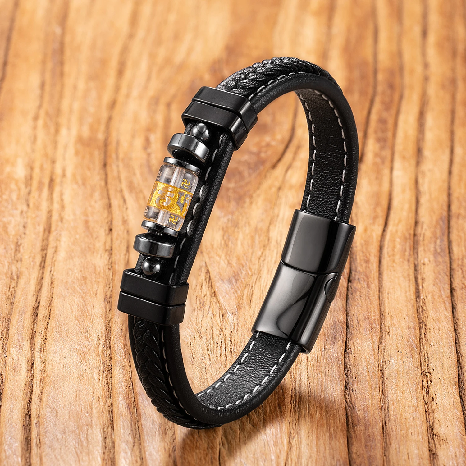 Tibetan Six Characters Mantra Bracelets Dragon Coin Pattern Leather Bracelet Buddhist Glass Stone Beads Meditation Men Women