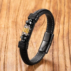 Tibetan Six Characters Mantra Bracelets Dragon Coin Pattern Leather Bracelet Buddhist Glass Stone Beads Meditation Men Women