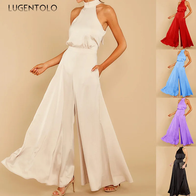 

Lugentolo Women Elegant Halter Jumpsuits High Waist Strapless Sprng Summer Lady Party Solid Lace-up Fashion Wide-leg Jumpsuit