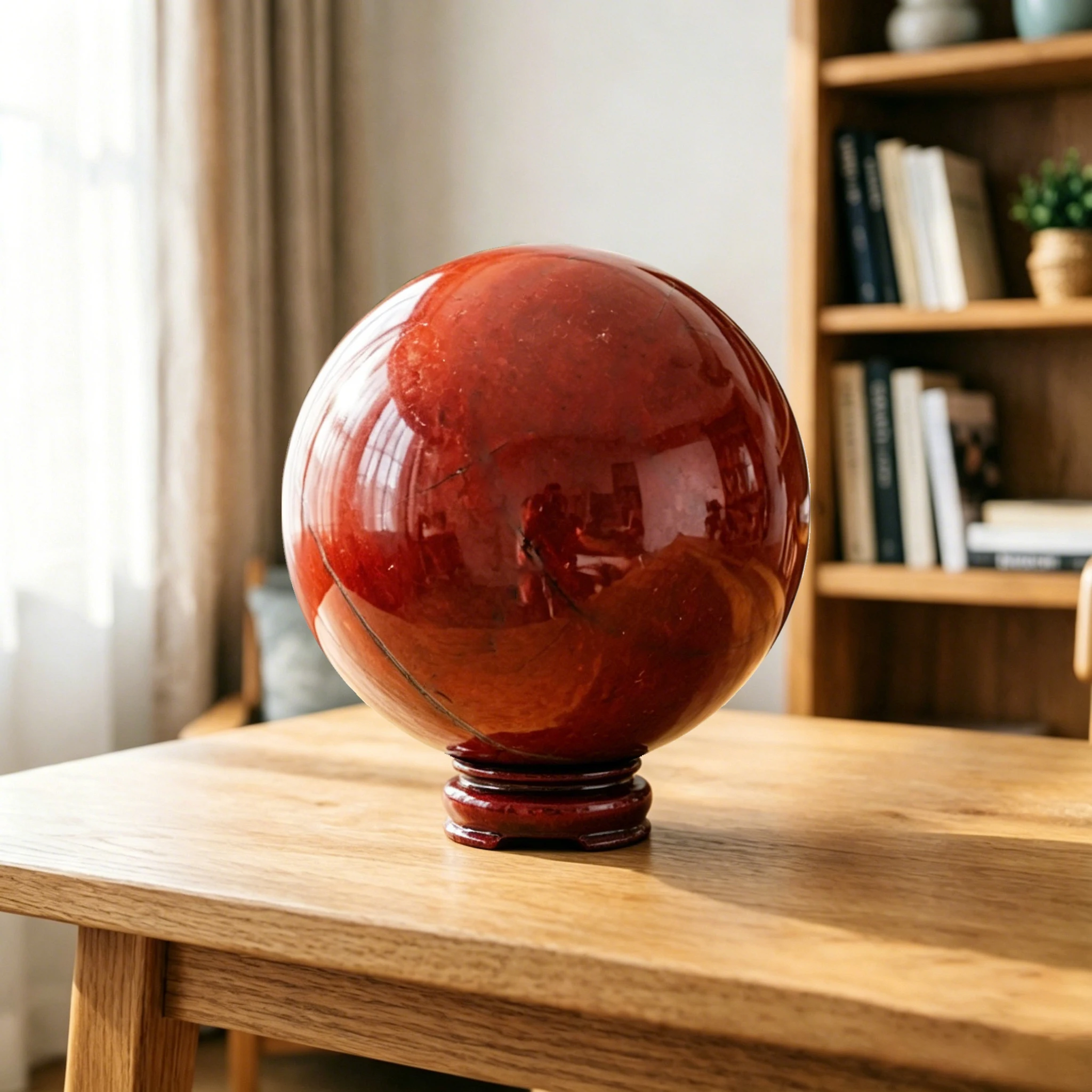 Natural Red Jasper Crystal Sphere Ball 2-3.1in with Wood Base Large Handmade Deep Red Earthy Opaque High Quality Orb Wooden Stand Display Home Decor Desk Ornament Office Decor Room Decor Bedroom Decor Table Centerpiece Collectible Feng Shui Lucky Gift Set