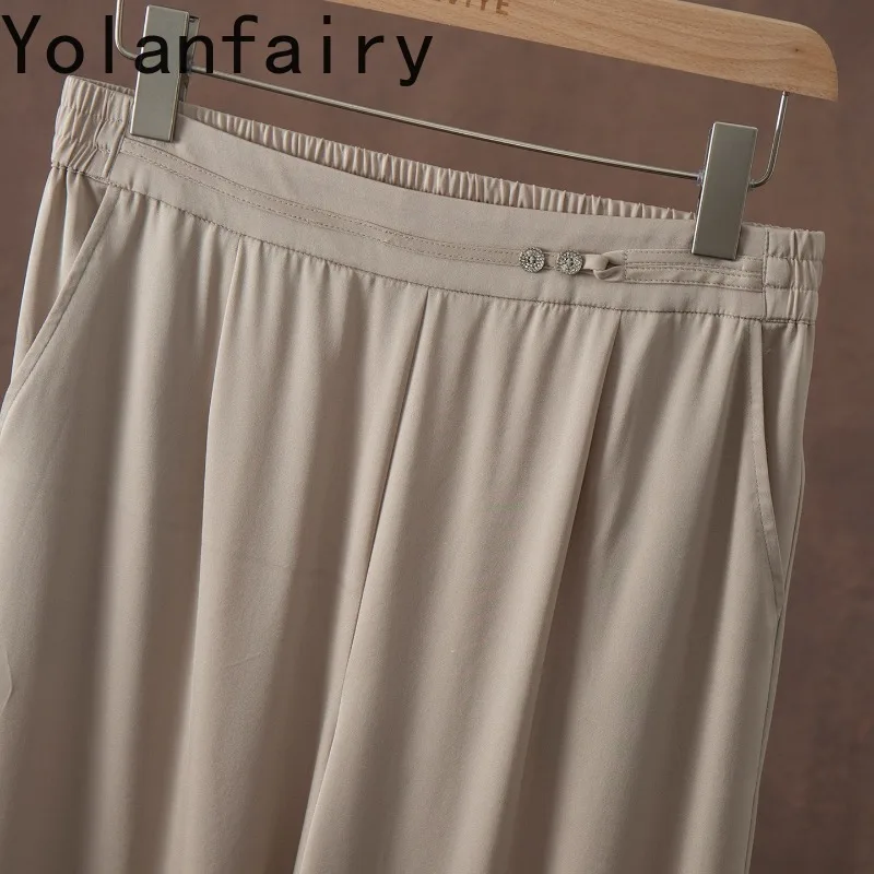 YOLANFAIRY 28 Momme 90% Mulberry Silk Pants for Women Clothing Straight Wide Leg Pants Half Elastic Waist Casual Long Trousers