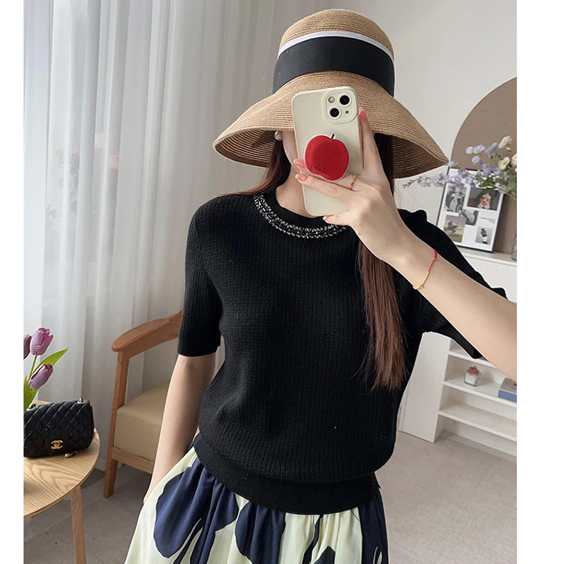  Gold Embellied Knitwear ort Sve Fine Wool Netie Women's Faion Straight Cut Simple Design Spring 2025