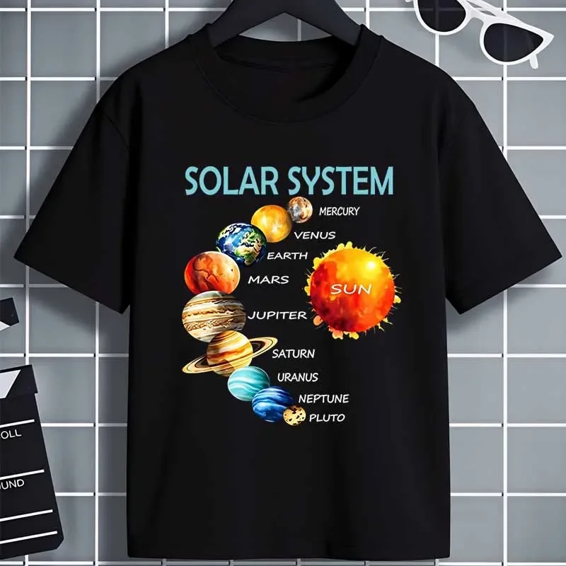 Solar System Graphic Print Children T-shirts Summer Boys Girls Casual Colorful Comfortable Tops Kids Crew Neck Short Sleeve Tees