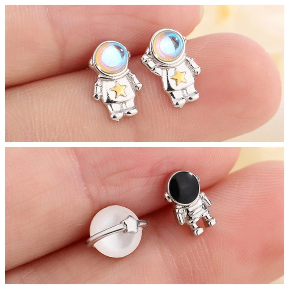 New Cute Space Astronaut Planet Opal Stud Earrings for Women Silver Color Lovely Simple Ear Piercing Jewelry ﻿