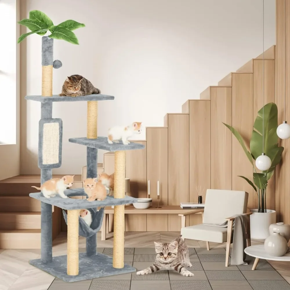 

Indoor cat tree tower, plush cat house cat furniture, with hammocks, hanging ball toys, sisal grasping flower columns, gray