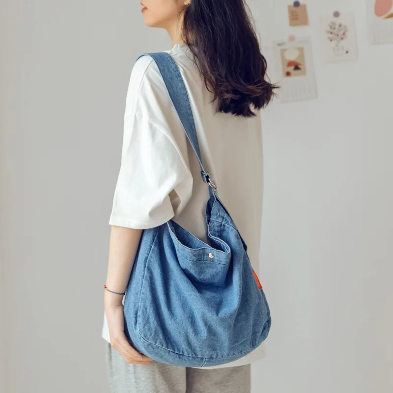 Simple wear-resistant denim bag women shoulder bag large capacity pleated diagonal span hand tote bag