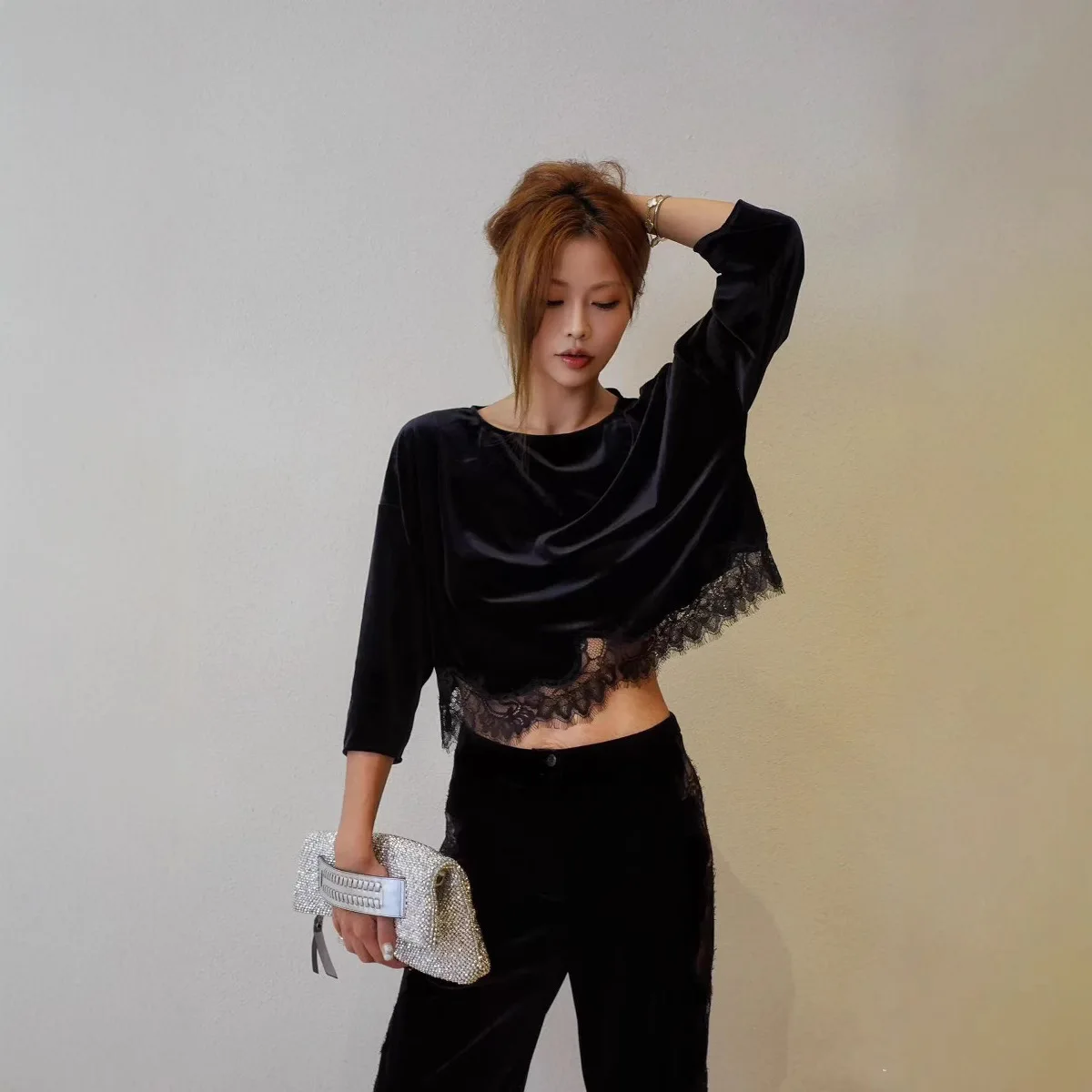 

Velvet Lace Trim round Ne 7/8 Sve Women's irt Commute Sle Loose Fit Polyester Fiber ort Length Color