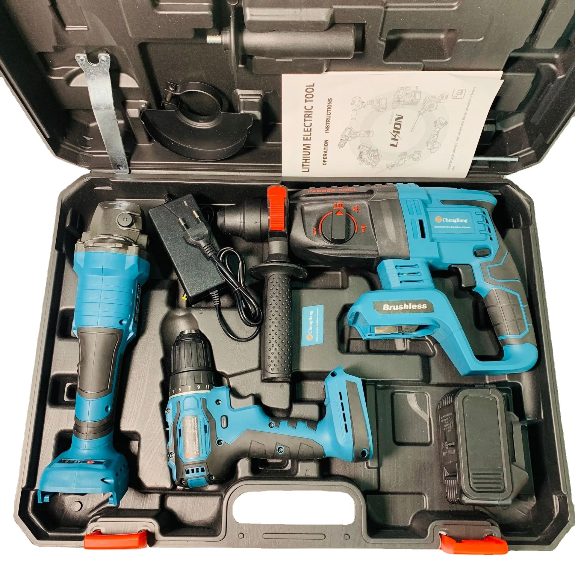 Lithium brushless electric tool set 3 piece 01 (Angle grinder, electric drill and light hammer)