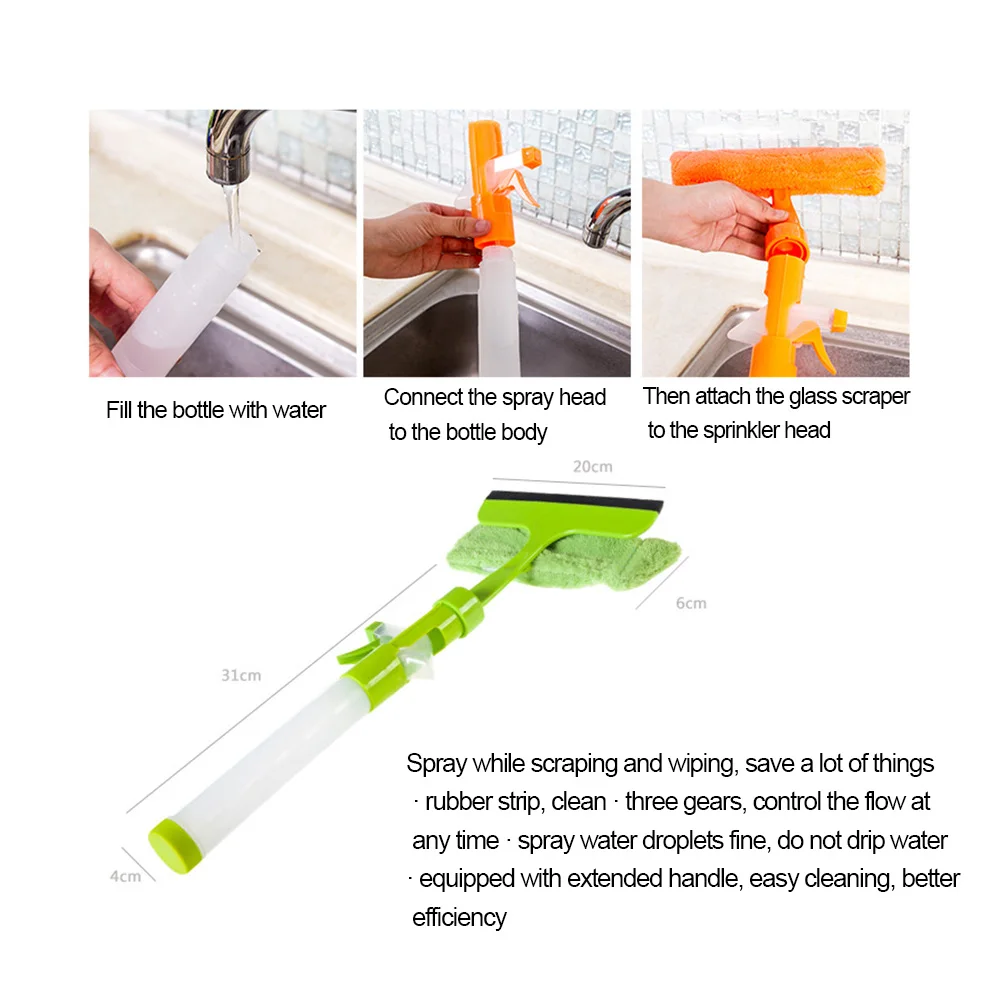 Window Glass Cleaning Tool Double-sided Disassemble Rod Window Cleaner Scraper Mop Squeegee Wiper with Water Spray Bottle New