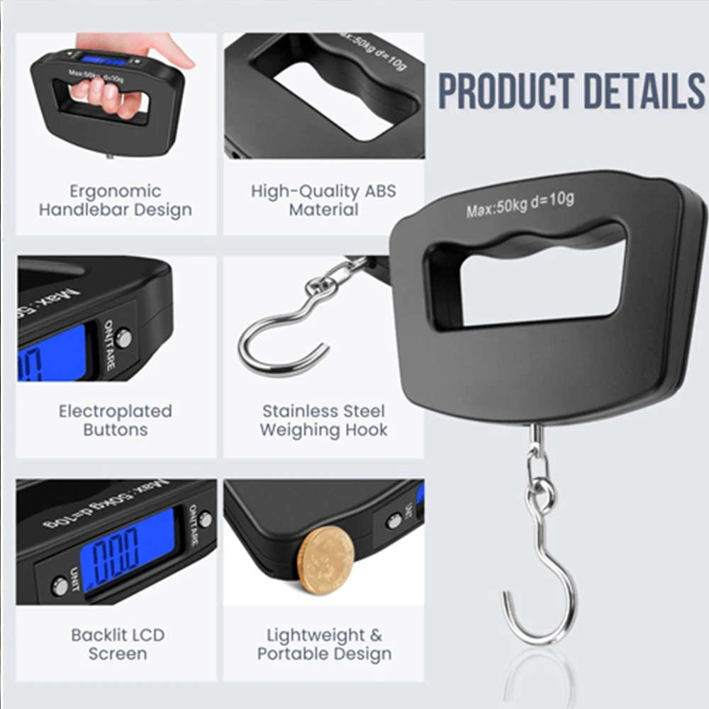 

1 шт., 50 кг/110 фунтов, подвесные весы, портативные весы, ЖК-цифровые весы для багажа, чемодана с ручкой, дорожная сумка для багажа, крючок для взвешивания рыбы
