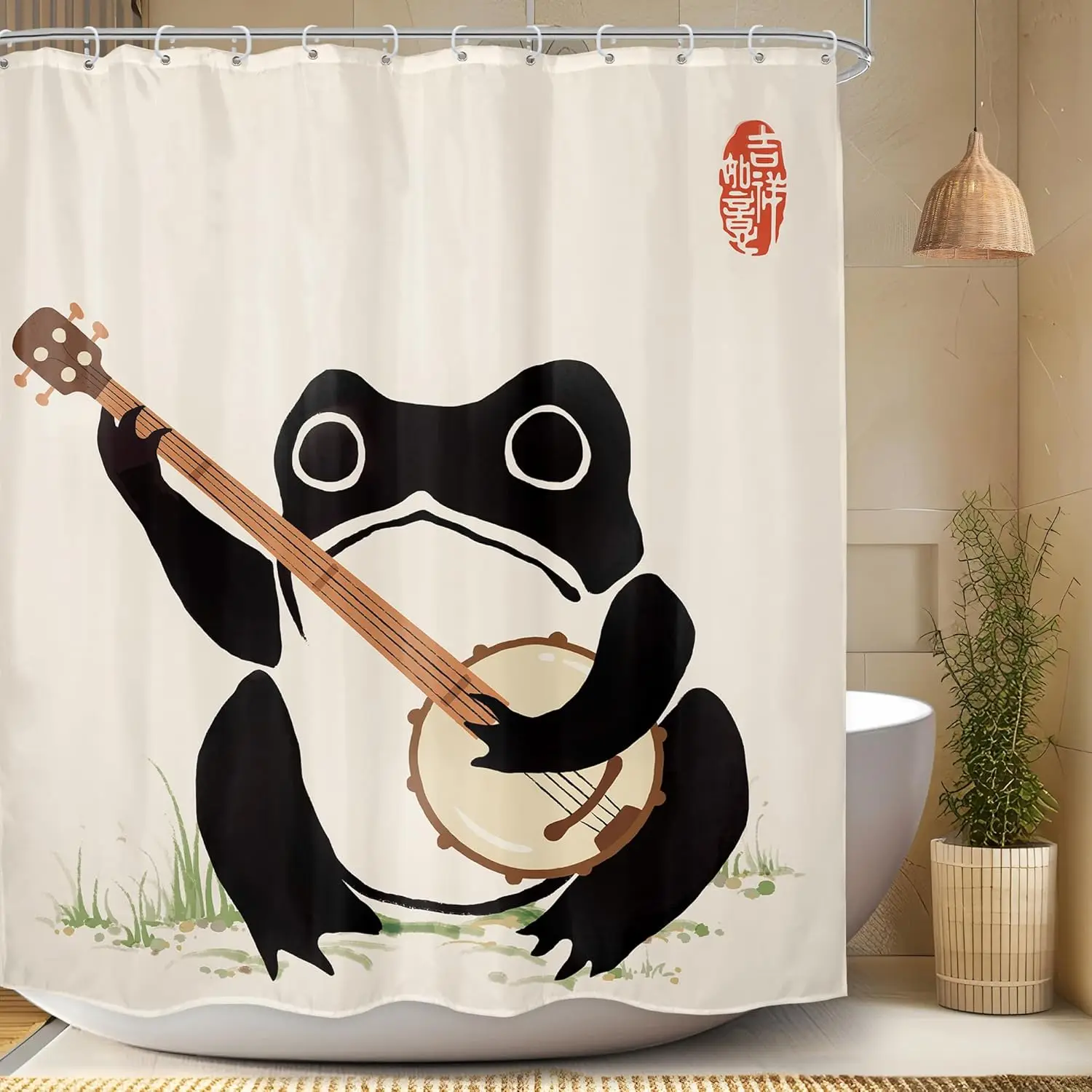 Cute Frog Playing Banjo Shower Curtain Japanese Style Bathroom Decor Funny Animal Art Water Resistant Fabric Home Bath Accessory