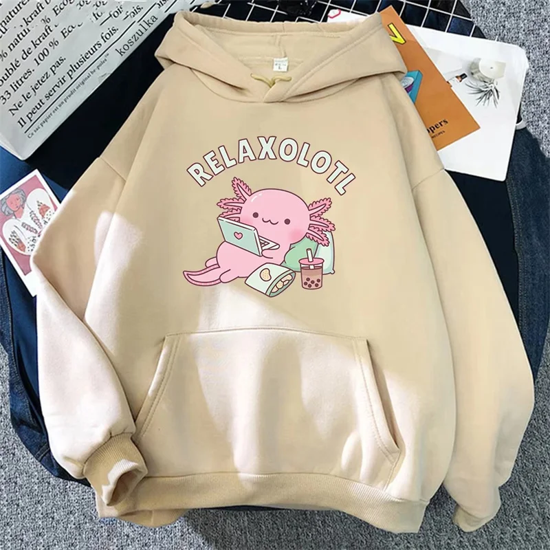 Oversized Axolotl Boba Milk Tea Hoodies Korean Style Women Clothes Kawaii Sweatshirt Vintage Cartoon Graphic Harajuku Hoodie