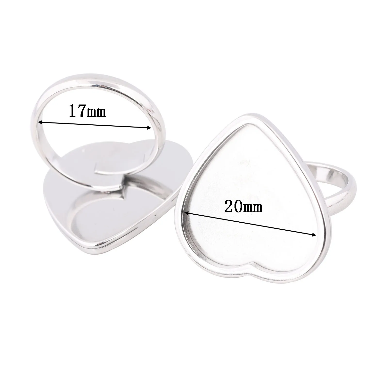 5pcs Stainless Steel Fit 20mm Heart Cabochon Ring Base Setting Blanks Diy Adjustable Finger Ring Bezels For Jewelry Making