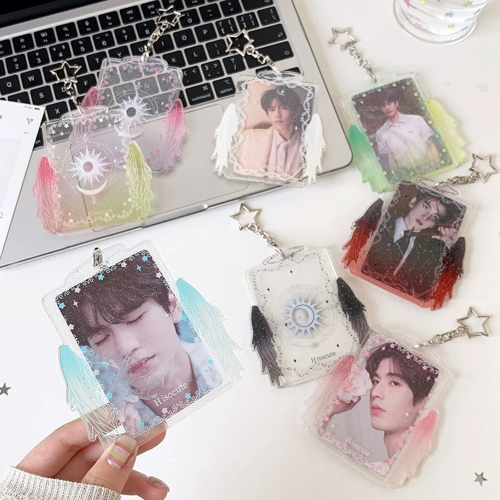 Acrylic Glitter Angle Wings 2.4x3.5 Inch Card Holder K-pop Star Photo Cards Keychain Holders Bank Bus Credit Photocard Holder