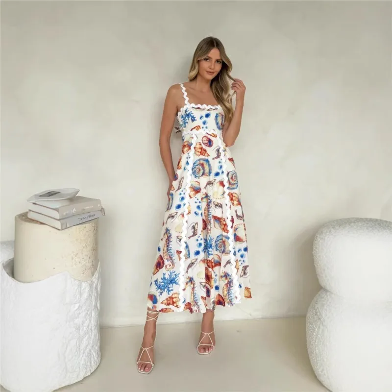 Abito estivo da donna con stampa graffiti da spiaggia 2025 Abito casual con stampa di moda sexy senza maniche e senza schienale