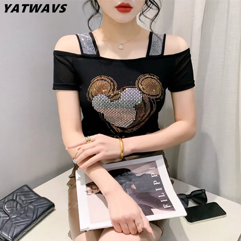 High Quality Summer Short Sleeve Women’s T-Shirt Clothes Sexy Off Shoulder Hot Diamonds Top Ladies Elastic Slim Mesh Tees Blouse