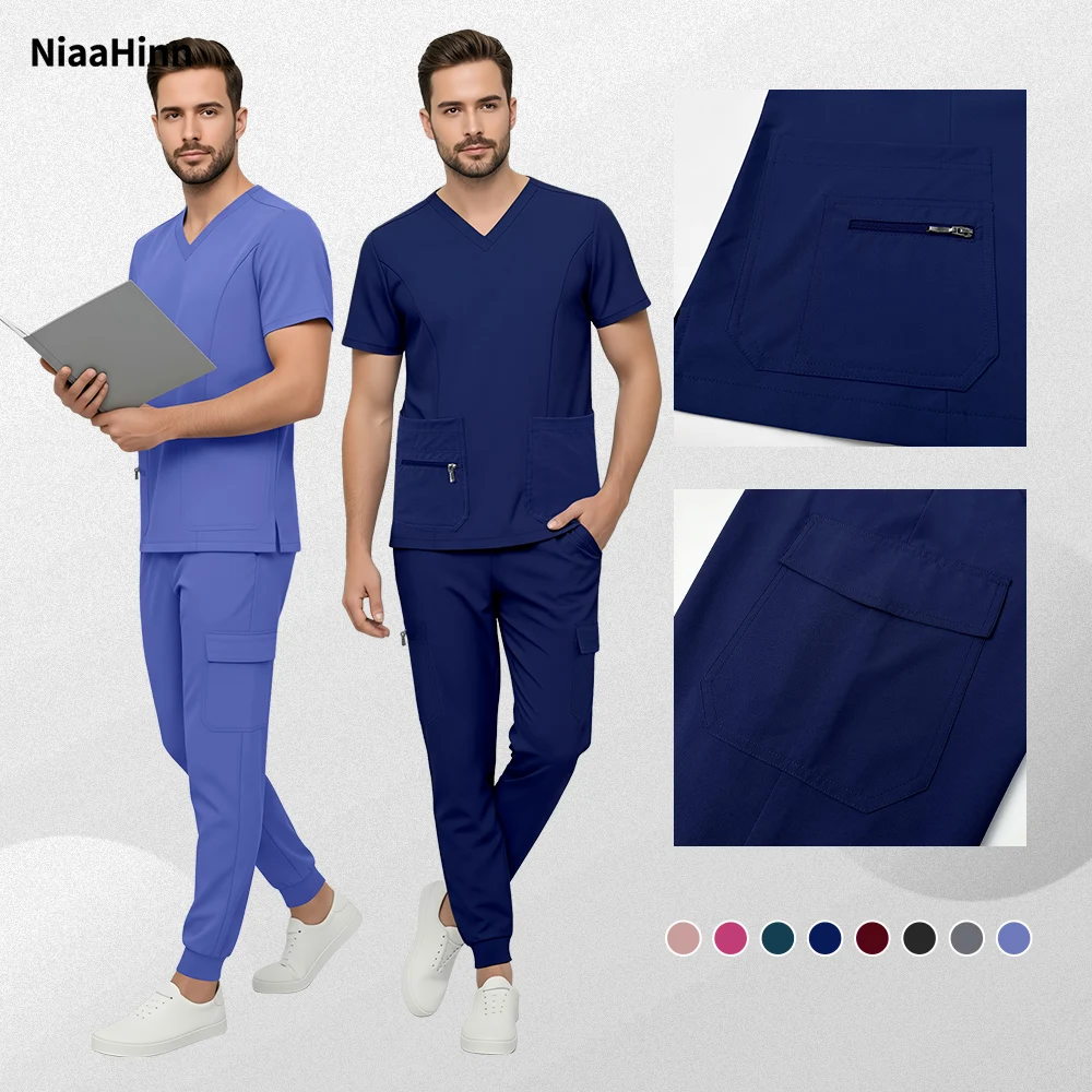 Niaahinn Surgery Suit Men Pet Hospital Doctor Medical Workwear Scrubs Set Nurse Uniform Short Sleeve Tops+Pants Nursing Uniforms