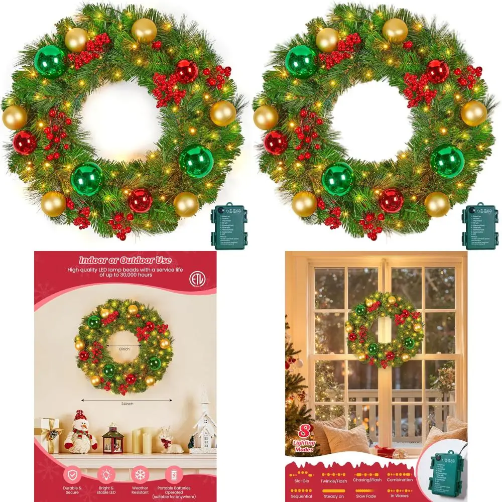 

Рождественский венок с 24 подсветками и 50 теплыми светодиодными фонарями, праздничными шариками, иглами и ягодами для дверей или окон, зеленым и золотым цветом