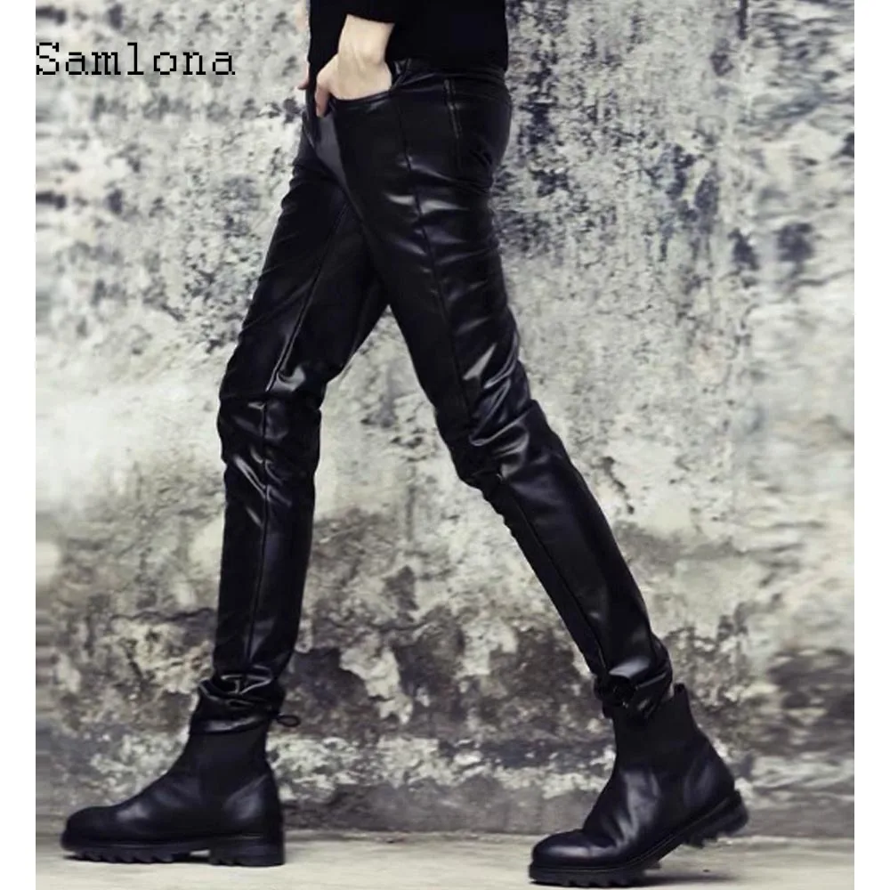 

2025 Punk Style Fashion Basic PU Leather Pants Men Sexy Night Club Dance Pants Men's Glossy Faux Leather Motorcycle Trouser New