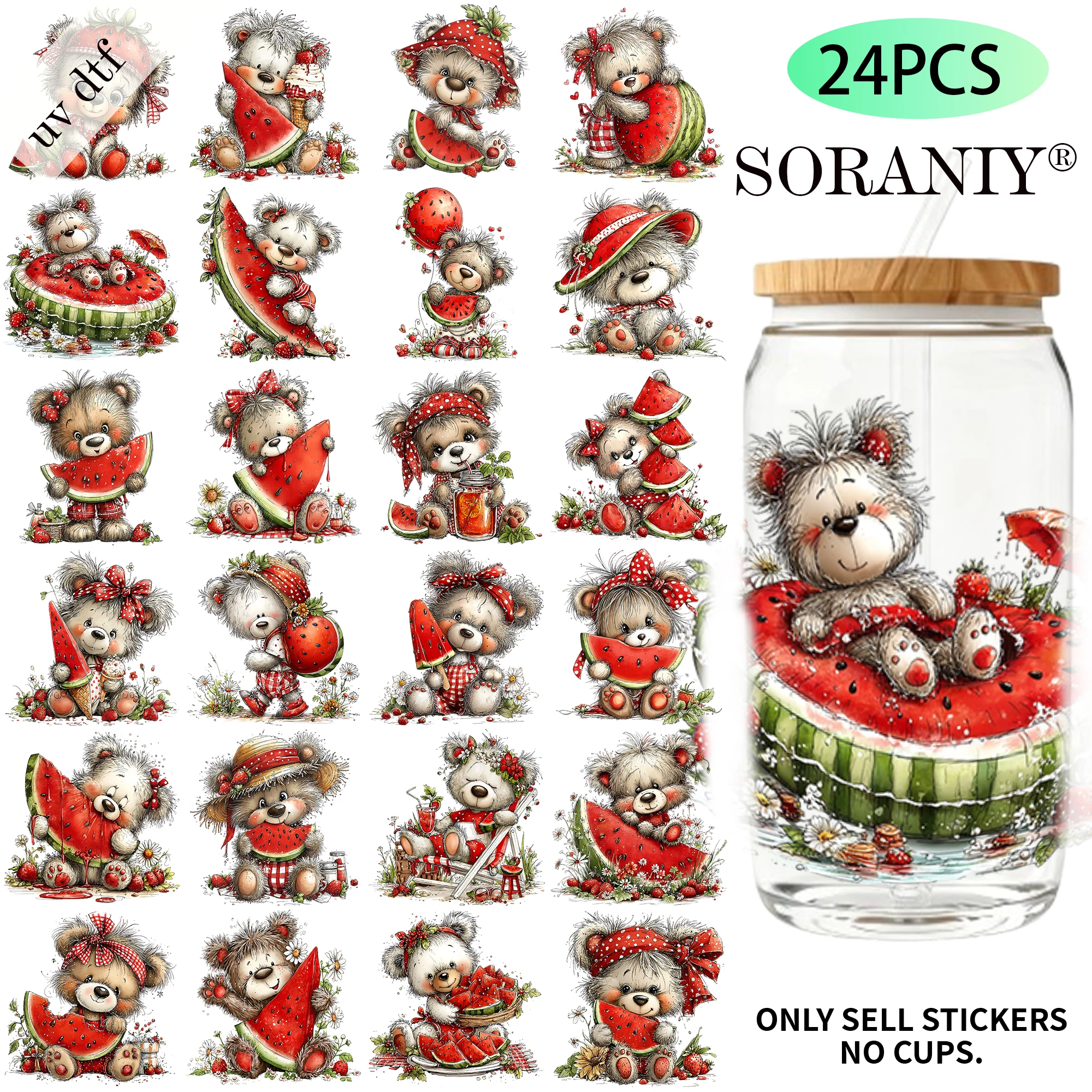 

24PCS/Set Whimsical Watermelon Bear Themed UV DTF 16OZ DIY Transfer Paper Sticker